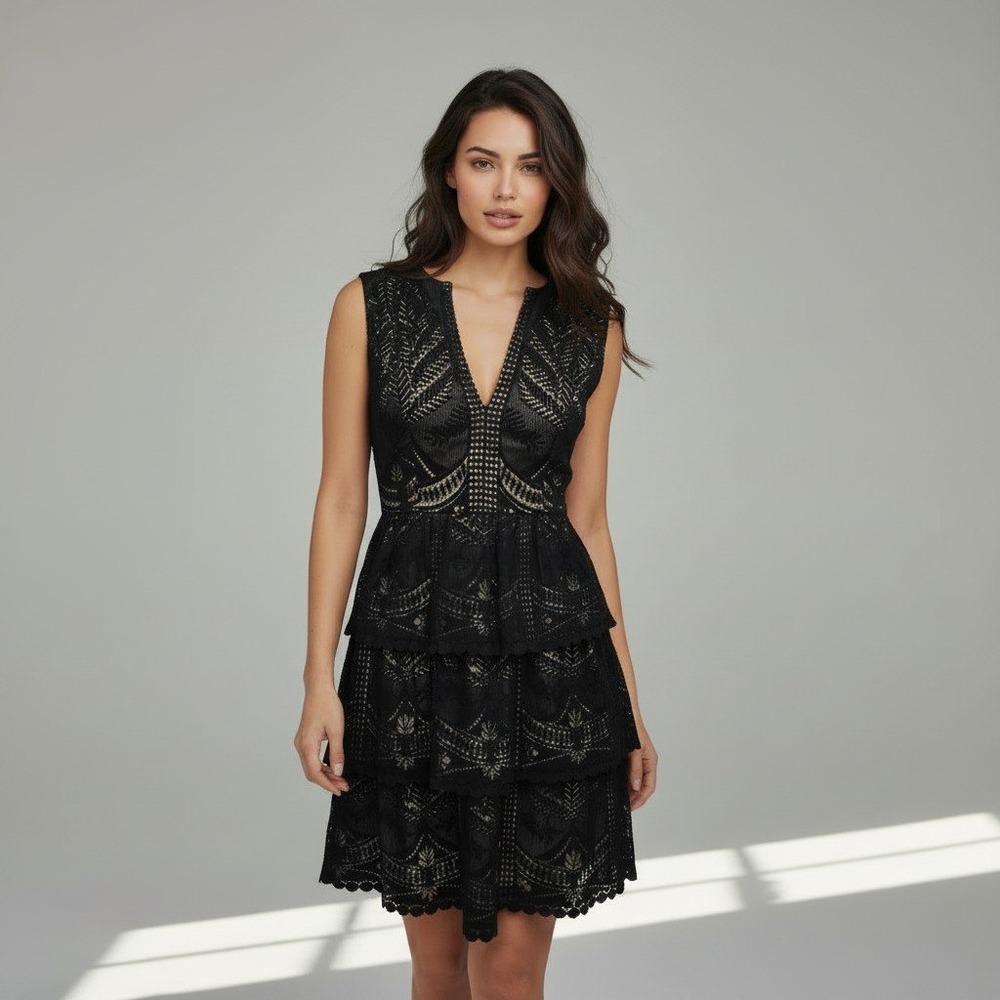 BCBGMAXAZRIA Scarlett Black Lace Tiered V-Neck Cocktail Dress Women's Size 2
